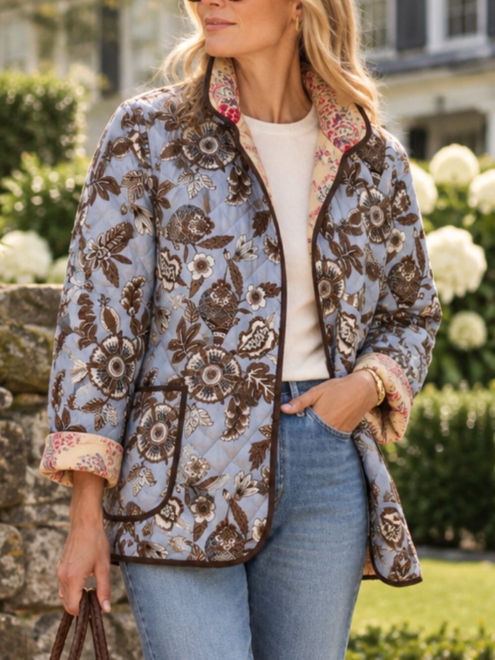 NWT Julia Amory Oversized Dakota Quilted Jacket Blue Floral Cotton Size M